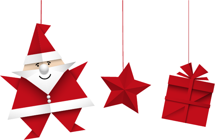 Origami joulupukki, tähti ja lahjapaketti, kaikki punaisia, roikkuvat iloisesti vinksin vonksin punaisissa nyöreissä.